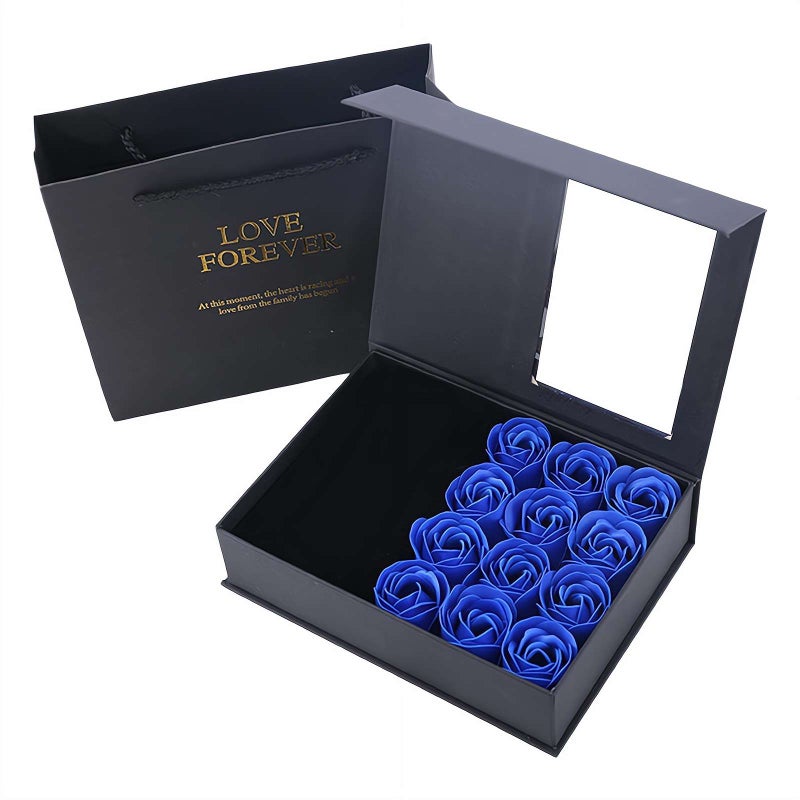 Valentine's Day Rose Jewelry Box Preserved Flower Roses Box,Ringbox with 12pcs Soap Eternal Rose Necklaces Boxes,Romantic Gift Boxes for Mom Her Valentines Day Wedding Party Supply (necklace blue) - Image 1